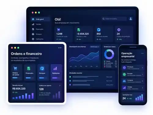 Painel ilustrativo da solução de gestão empresarial em computador, tablet e celular